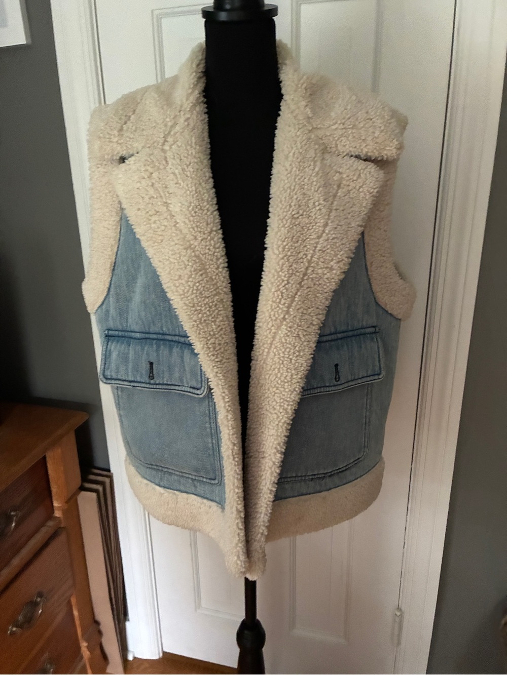 Zara Cream Sherpa and Light Blue Denim Vest